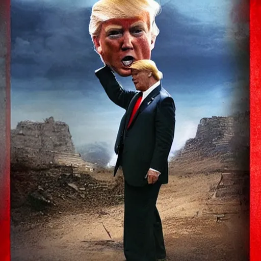 Image similar to Donald Trump as Rambo, holding the head of Biden in left hand and the American flag in right hand, post apocalyptic, wartorn, matte painting, masterpiece