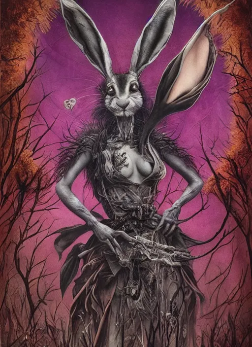 Image similar to the march hare, death tarot card, highly detailed, cinematic, 8 k, by megan duncanson, benjamin lacombe, adrian borda, stanley artgermm, tom bagshaw, craig mullins, carne griffiths, ayami kojima, beksinski, giger, trending on deviantart, hyper detailed, horror, full of colour