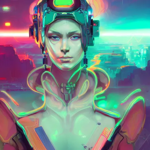 Image similar to portrait of a beautiful cybernetic raver girl, cyberpunk concept art by pete mohrbacher and artgerm and wlop and deathburger and syd mead, digital art, highly detailed, intricate, sci-fi, neon colors, sharp focus, Trending on Artstation HQ, deviantart, unreal engine 5, 4K UHD image