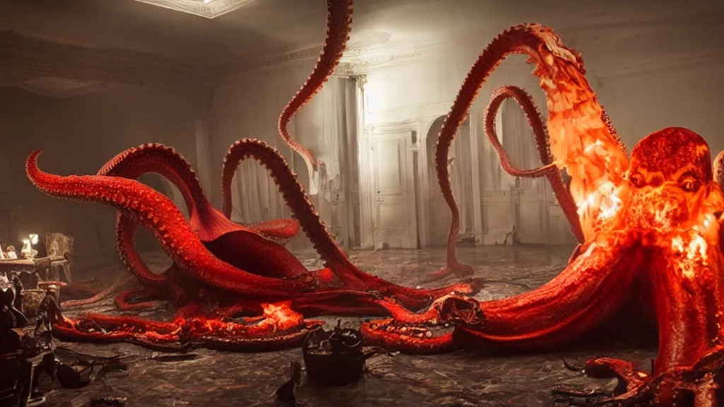 Prompt: a giant octopus made of blood and fire floats through the living room, film still from the movie directed by Denis Villeneuve with art direction by Salvador Dalí, wide lens