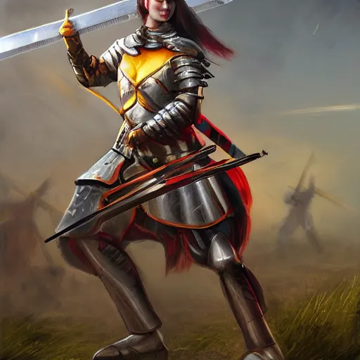 Prompt: female knight with an electric longsword rallies a band of troops, dramatic, dynamic lighting, colorful, intricate, hyper realism, 8 k, high resolution