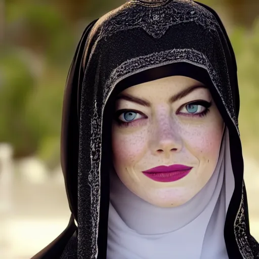 Image similar to A portrait of Emma Stone wearing a Black Arabian abaya , high quality, fully detailed, 4k