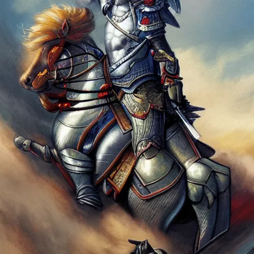 Prompt: Emmanuel macron, in fantasy armor on a battle horse without a helmet, hair in the wind, high detail, realistic, art by invincible