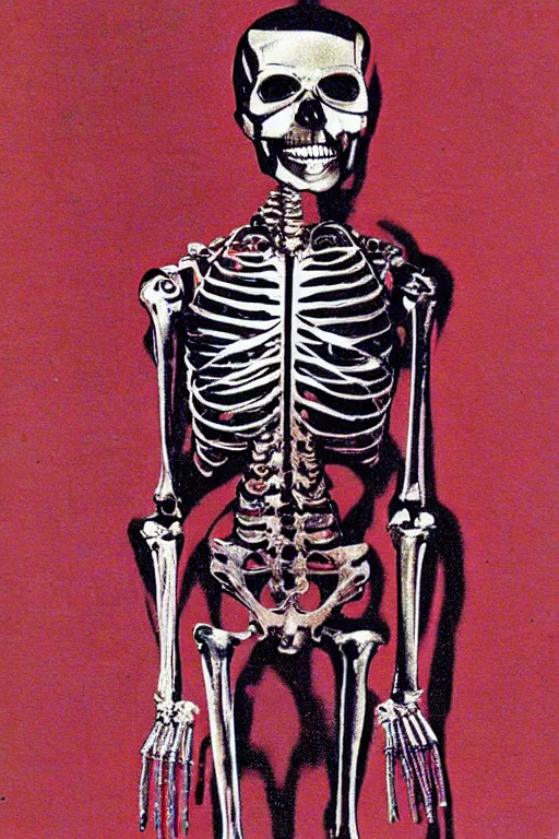 Prompt: 1970 book cover, cyborg skeleton, anaglyph,