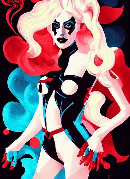 Prompt: beautiful lady gaga as harley quinn, high details, intricate details, by vincent di fate, artgerm julie bell beeple, 1 9 9 0 s, inking, vintage 9 0 s print, screen print