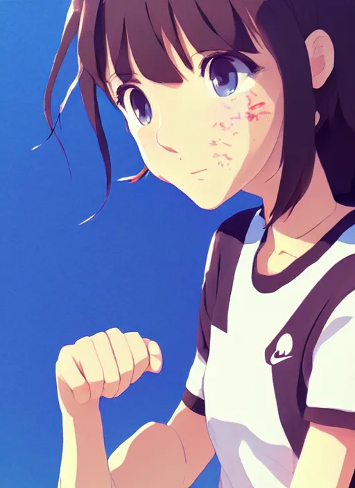 Prompt: portrait of cute high school runner girl, sunny sky background stadium landscape illustration concept art anime key visual trending pixiv fanbox by wlop and greg rutkowski and makoto shinkai and studio ghibli and kyoto animation symmetrical facial features short down hair sports clothing marathon race nike shirt