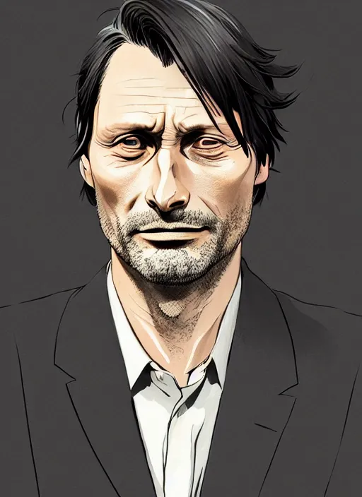 Image similar to portrait of mads mikkelsen, artstation, detailed cartoon, elegant, digital painting, concept art, smooth, sharp focus, illustration, ghibli, makoto shinkai, don bluth, fujita goro, jean giraud, akihiko yoshida, tom whalen 8 k