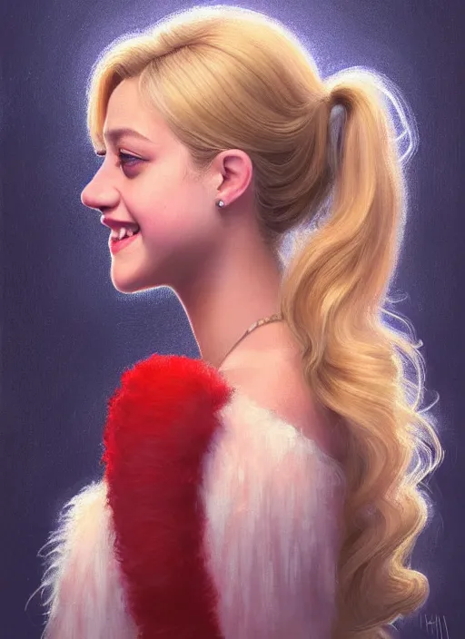 Image similar to portrait of lili reinhart with fluffy bangs, smiling kindly, bangs, 1 9 6 0 s, ponytail, curly bangs and ponytail, rounder face, intricate, elegant, glowing lights, highly detailed, digital painting, artstation, concept art, smooth, sharp focus, illustration, art by wlop, mars ravelo and greg rutkowski