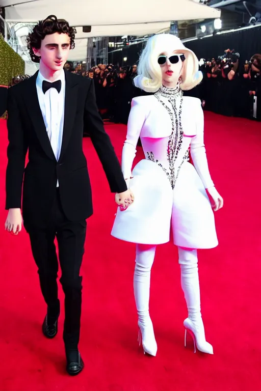 Image similar to timothee chalamet and lady gaga holding hands on the red carpet, beautiful detailed faces, canon eos