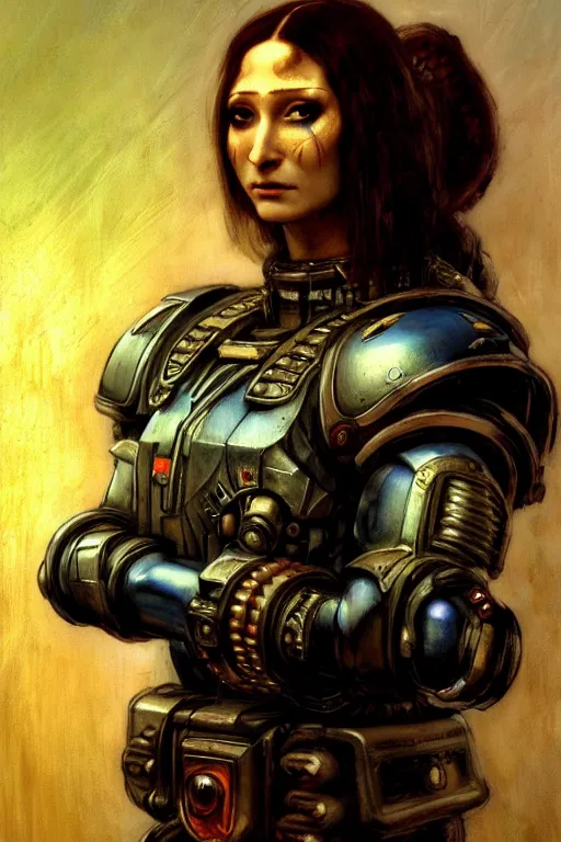 Image similar to character portrait cyberpunk starcraft terran warhammer 4 0 k space marine tech priest warrior ( ( ( ( ( ( ( ( totally definitely not negative no not mona lisa inspired ) ) ) ) ) ) ), character design, painting by gaston bussiere, katsuya terada, frank frazetta, tom of finland, trending on artstation