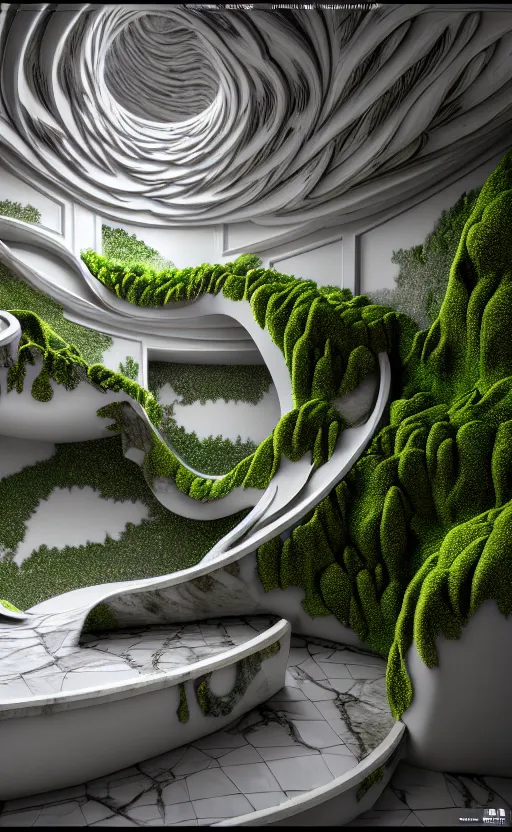 Image similar to highly detailed ultra sharp 3 d render villa interior cinematic composition of a smooth ceramic porcelain biomorphic magnolia stone nebula fluid fractal sci - fi surreal architecture landscape, granite, metallic, magnesium, marble, moss and lichen, vincent callebaut composition, mamou - mani, archviz, beautiful lighting, 8 k, unreal engine, hdr,