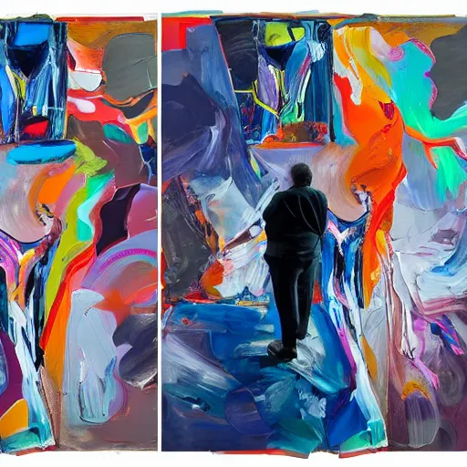 Prompt: _ in _ these _ paintings _ we _ see _ a _ big _ man _ who _ seem _ to _ be _ walking _ in _ circles in an empty void space, 1 6 k, in the style of ben quilty, oil paint with thick brushstrokes of paint, impasto, detailed,