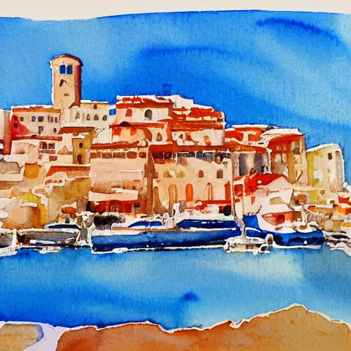 Prompt: A watercolor of an italian harbor, blue and orange palette