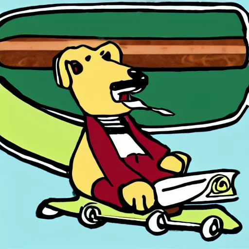 Image similar to an mspaint drawing of a dog riding a skateboard while smoking a cigar