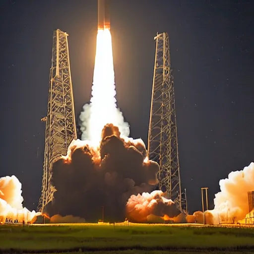 Image similar to Nighttime launch of the Space Launch System from LC-39B at Kennedy Space Center, 2025, award-winning photo by National Geographic