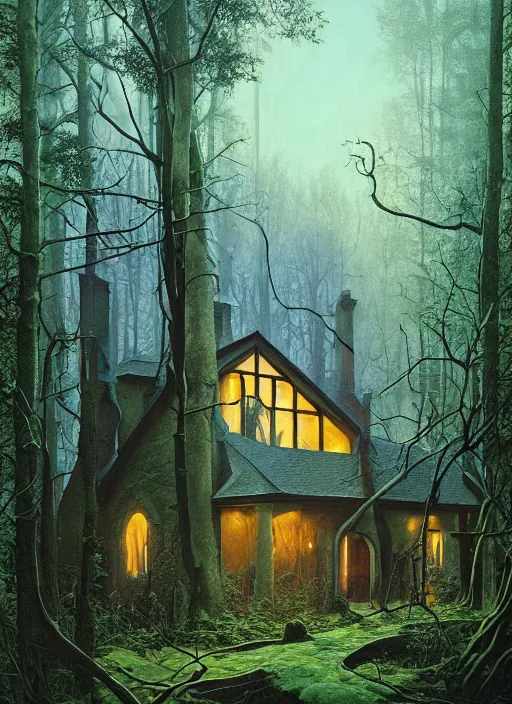 Image similar to hyper realistic witchy modern gothic house with mood lighting and tech in the woods gorgeous lighting, sunbeams blue sky, highly detailed, lush forest foliage painting by zdzisław beksinski and norman rockwell and greg rutkowski weta studio, and lucasfilm