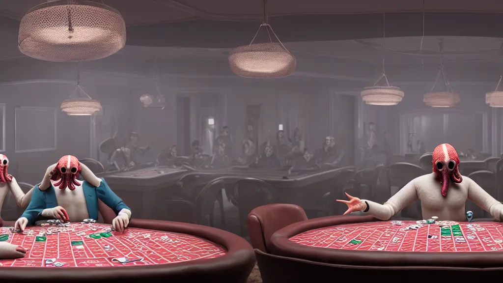 Image similar to hyperrealism simulation highly detailed human octopuses'wearing transparent jackets, playing poker in surreal scene from art house movie from future by wes anderson rendered blender and octane render