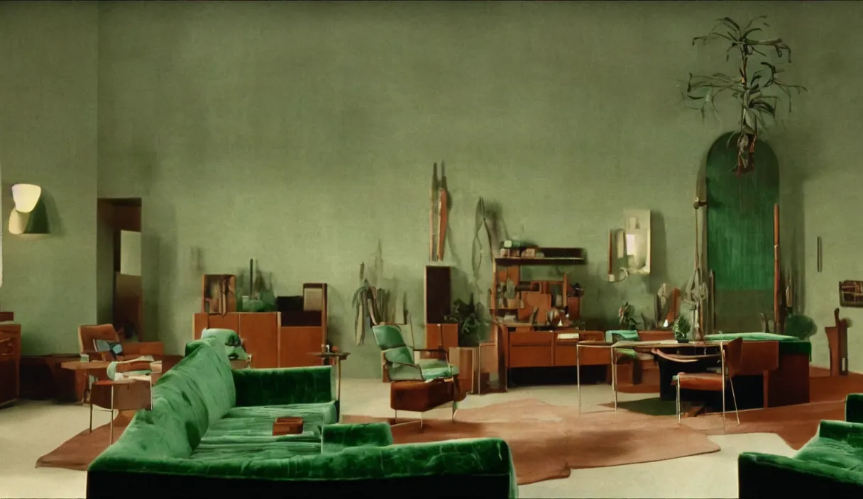 Image similar to a still of severance series indoor 7 0 s green velvet and wood with metal furniture office scenario appearing in a film of jodorowsky, in movie holy mountain ( 1 9 7 3 )