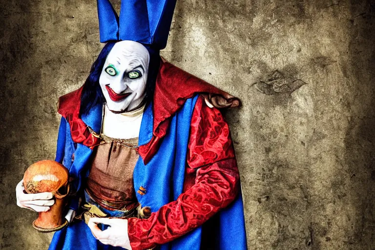 Image similar to medieval jester, sinister, photograph, portrait,