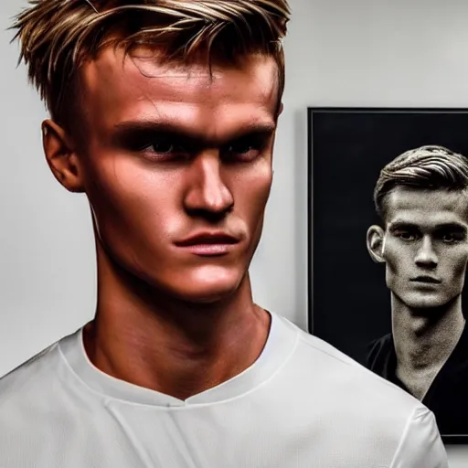 Image similar to a realistic detailed photo of a guy who is an attractive humanoid who is half robot and half humanoid, who is a male android, soccer player martin ødegaard, shiny skin, posing like a statue, blank stare, in a living room, on display, showing off his muscles, with a twin