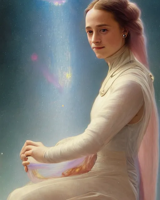 Image similar to a portrait painting of a shy, blushing 1 6 - year old alicia vikander or saoirse ronan as a space princess, backlit, wearing a futuristic translucent iridescent plastic space suit, elegant, highly detailed, artstation, concept art, by krenz cushart and donato giancola and william adolph bouguereau and alphonse mucha