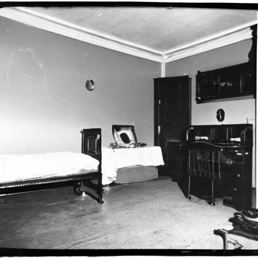 Prompt: a 1960 photo of demoniac exorcism,room