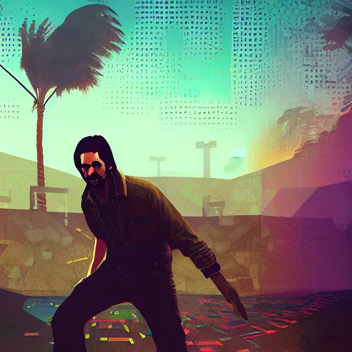 Prompt: keanu reevez in disco elysium, game screenshot, digital art, by aleksander rostov, disco elysium style, garain, glitch