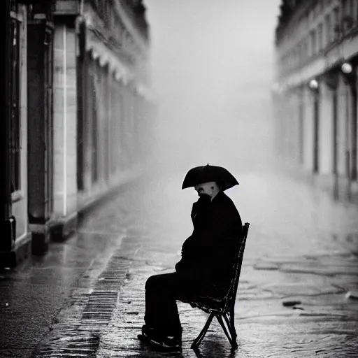 Image similar to black and white fashion photograph, highly detailed portrait of a depressed white drug dealer sitting on a bench on a busy Paris street, looking into camera, eye contact, natural light, rain, mist, lomo, fashion photography, film grain, soft vignette, sigma 85mm f/1.4 1/10 sec shutter