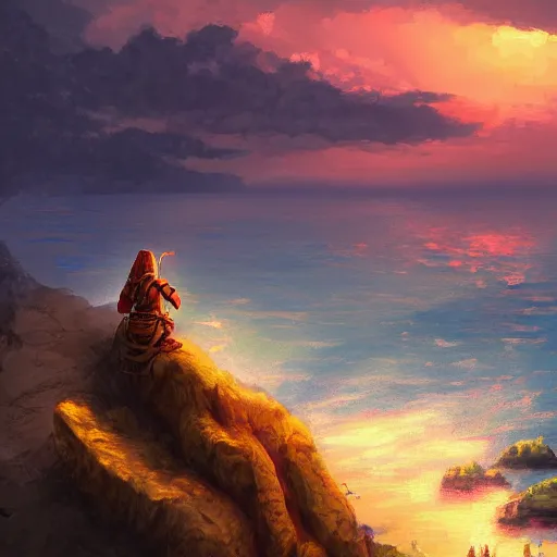 Image similar to a knight rests on a cliff above a cozy and cute seaside village at sunset, dramatic lighting, vivid color, 1 6 bit pixel cover art, trending on artstation