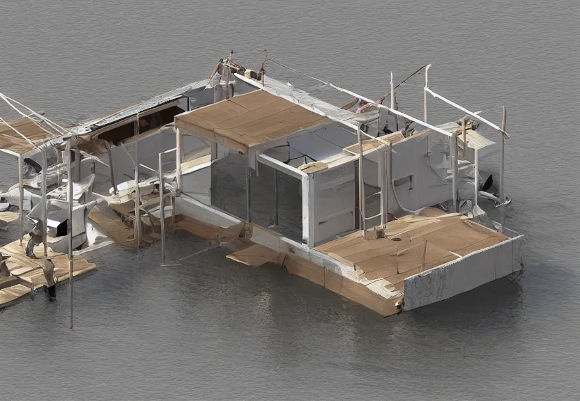 Prompt: a room on a boat being constructed out of water code 3 d photo film minimal