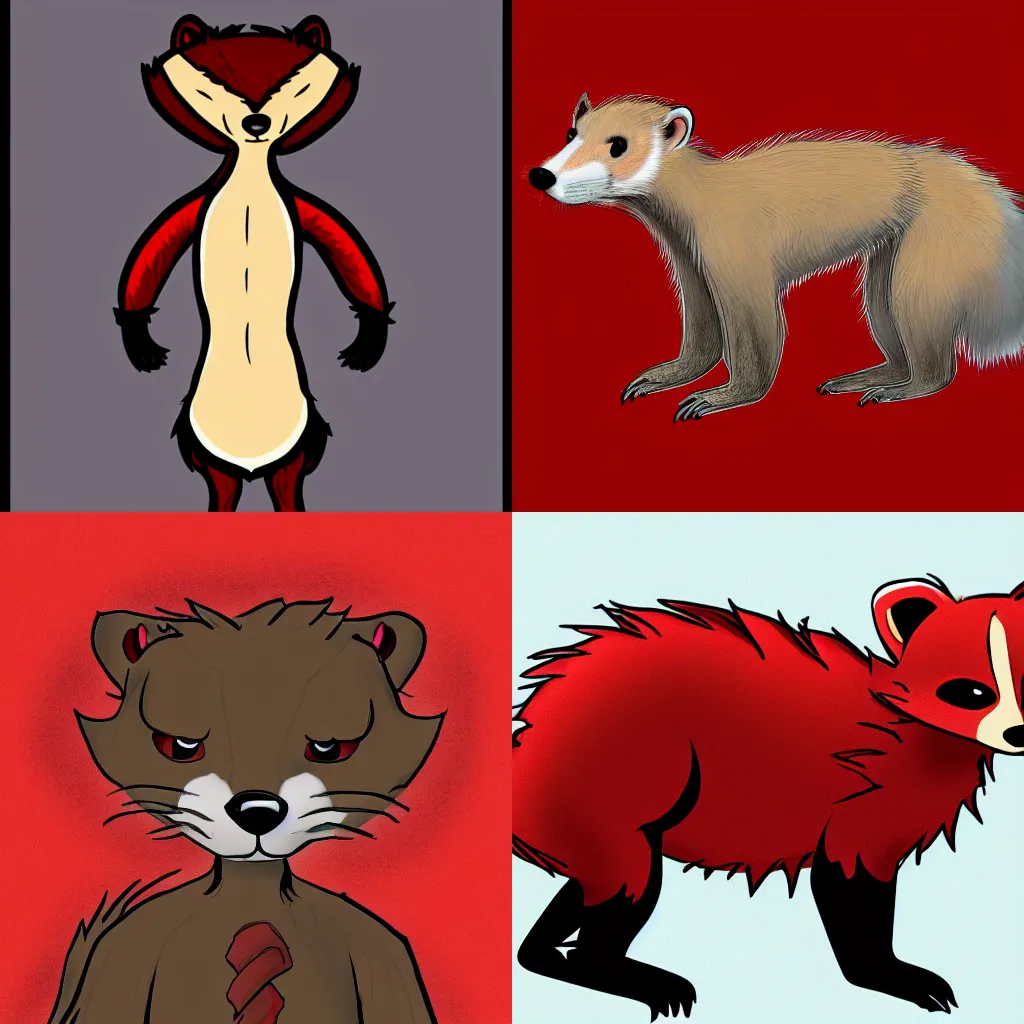 Prompt: digital colored sketch of a furry weasel / stoat fursona, anthropomorphic, red & black fur