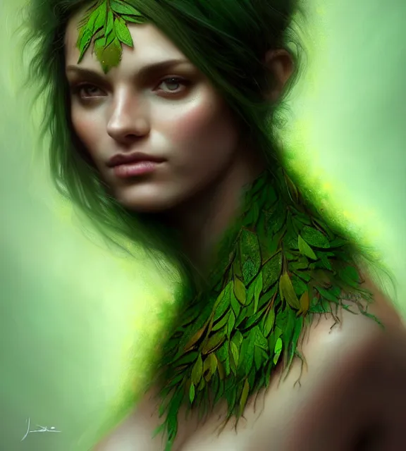 Image similar to beautiful female tree with bark skin wearing green leaf halter top, perfect face, dark green leaf hair, with abs, cinematic, blush, stunning, elegant, highly detailed, psychedelic, digital painting, artstation, smooth, hard focus, illustration, art by jessica rossier and and brian froud