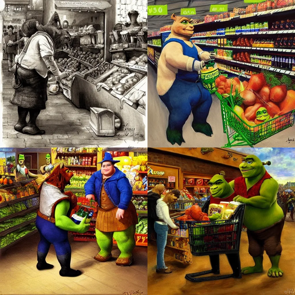 Prompt: shrek buying groceries at walmart, oil painting by jan matejko