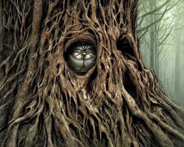 Image similar to a talking oak tree, a face in the bark, nose made of wood, eyes in the bark, mouth in the bark, fantasy horror concept art, scary, digital painting, oil painting, hyperrealistic, treebeard, ent, highly detailed, dark and gloomy, very detailed eyes, artstation, cgsociety, in the forest, by alan lee, by artgerm