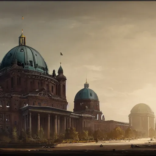 Prompt: panorama view of giant volkshalle building, berlin 1 9 4 5, matte painting by greg rutkowski, artstation