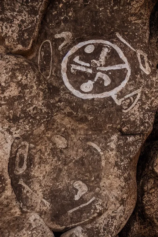 Image similar to 4 k photography of petroglyphs representing crosses, ufo, yin yang symbol on a cave