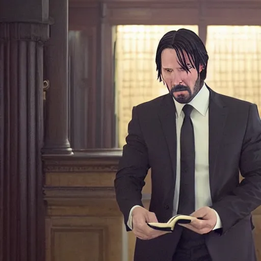 Image similar to cinematic still of John Wick reading the Bible in John Wick (2009). shallow depth of field, cinematic