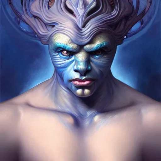 Prompt: surprised blue merman D&D creature, looking down at own hand, wide angle shot, fantasy, intricate, elegant, highly detailed, digital painting, artstation, smooth, sharp focus, illustration, art by artgerm and greg rutkowski and alphonse mucha