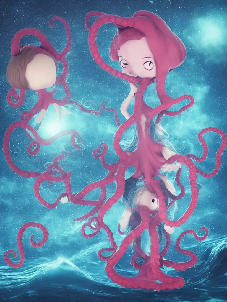 Image similar to cute fumo plush gothic octopus maiden alien girl combing her hair in the waves of the dark galactic abyss, ocean waves and reflective splashing water, ocean simulation, vignette, vray