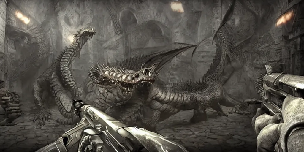 Image similar to Gameplay footage of a first person game with the player shooting a creepy grotesque dragon, designed by H.R Giger and Kojjima, amazing graphics