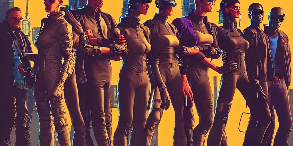 Image similar to cyberpunk heist crew. portrait by stonehouse and mœbius and will eisner and gil elvgren and pixar. character design. realistic proportions. dystopian. cyberpunk 2 0 7 7 character art, blade runner 2 0 4 9 concept art. cel shading. attractive face. thick lines. the team. detailed interesting characters.