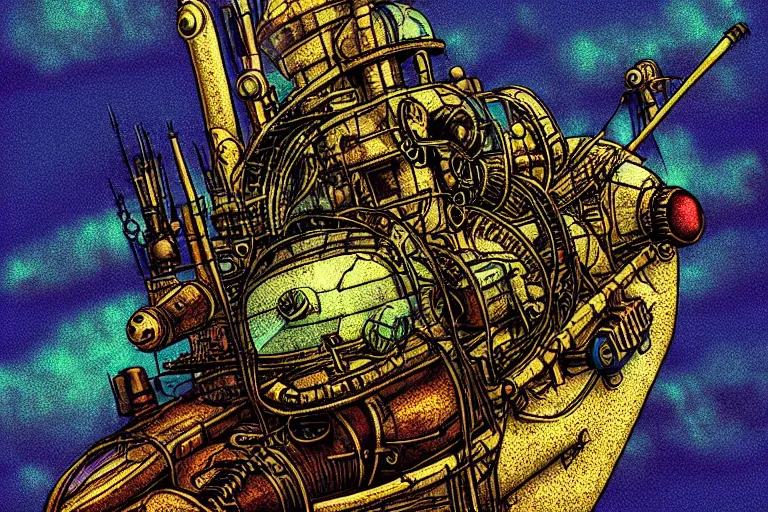 Prompt: steampunk submarine!, in the style of john avon and derek riggs and eva widermann, trending on artstation, halfrear lighting closeup view anaglyph filter, bokeh, anime, colored pencil art, belle epoque