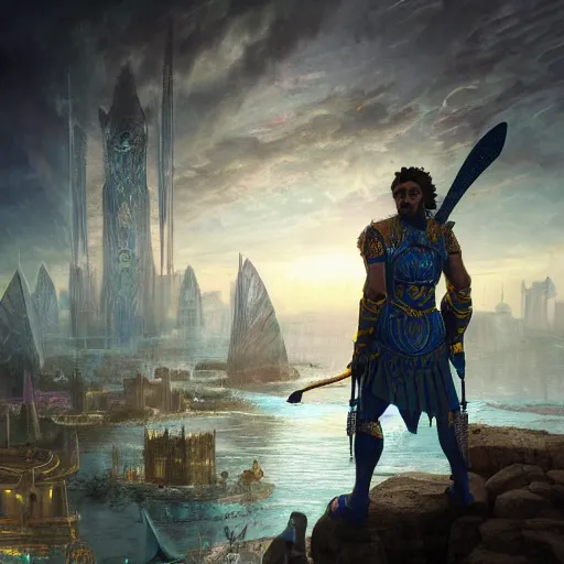 Prompt: king of Atlantis, wearing unknown material precious and strong outfit, half human half alien, digital art, trending on artstation, ultra futuristic city in the background, perspective depth, highly detailed, 8k, Rembrandt, WLOP, Craig Russell, Barry qindsor-smith, Greg rutkowski, Alphonse Mucha