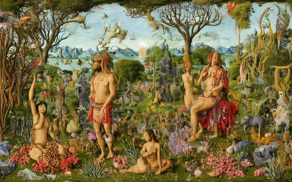 Image similar to photograph of a meditating centaur shaman and a mermaid feeding animals. surrounded by bulbous flowers, animals and a few trees. river delta with dry rocky mountains under a blue sky full of burning stars. painted by jan van eyck, max ernst, ernst haeckel, ernst fuchs and artgerm. trending on artstation, trending on cgsociety