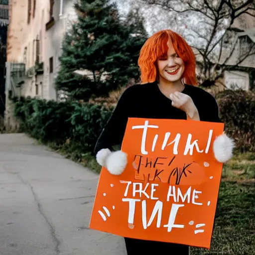 Prompt: a cute fluffy orange tabby cat holding a sign that says