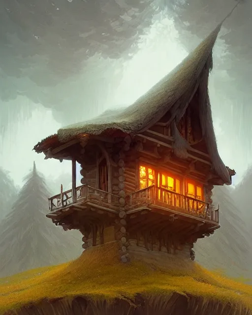 Image similar to symmetry!! a small cabin with a giant above it look hungry, dnd, intricate, elegant, highly detailed, digital painting, artstation, concept art, smooth, sharp focus, illustration, art by artgerm and greg rutkowski and alphonse mucha