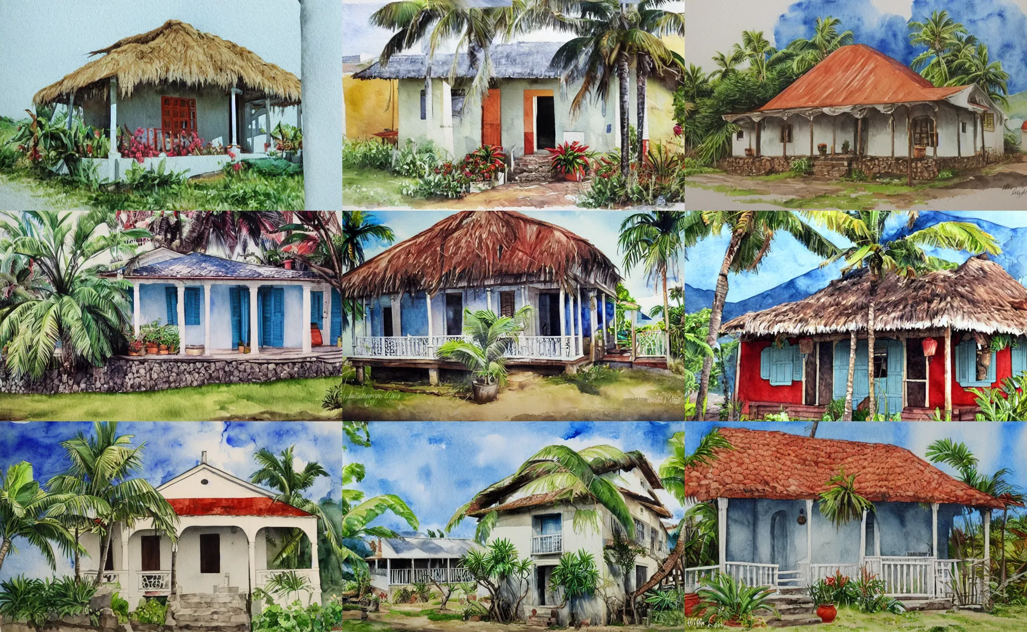 Image similar to traditional creole house from Reunion Island watercolor painting,trending on artstation