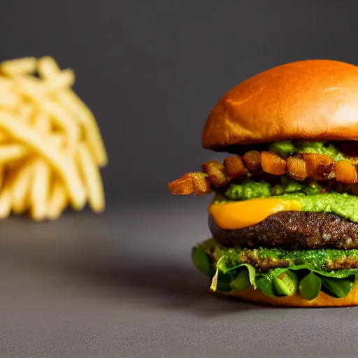 Prompt: vegan hamburger with guacamole, crispy fried onion and a fried egg, crispy buns, next to french fries, side view, 8 k resolution, studio lighting, sharp focus, hyper - detailed