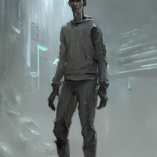 Image similar to concept art by greg rutkowski, a very tall and slender young man, dressed in patient clothes and an open sweatshirt, wandering through the desolate, futuristic, brutalist interior of a space colony, depressing atmosphere, low lighting, scifi, highly detailed portrait, digital painting, artstation, concept art, smooth, sharp foccus ilustration, artstation hq