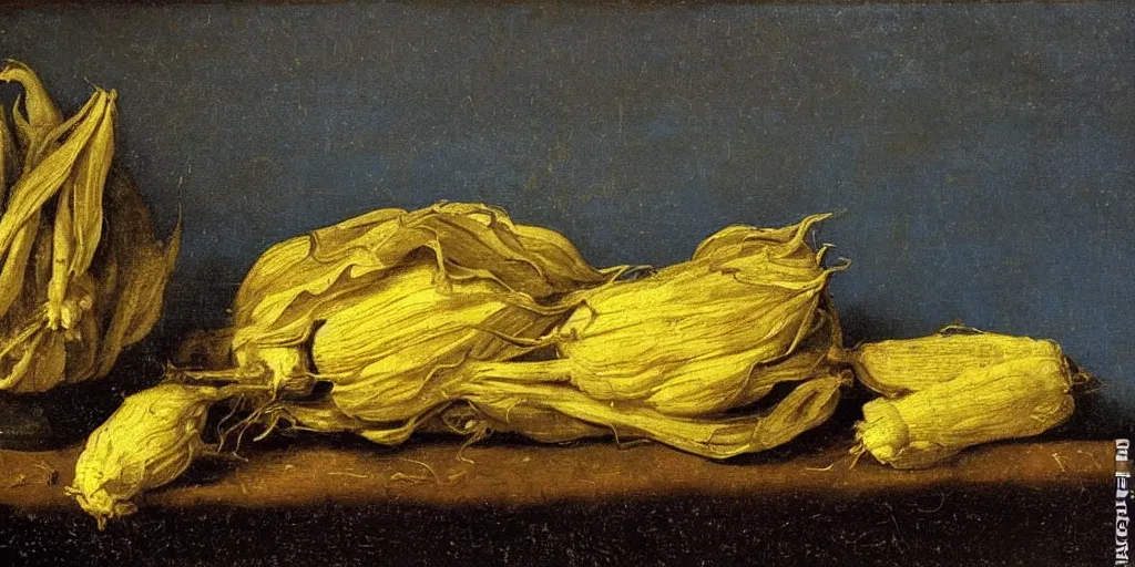 Prompt: dutch golden age oil painting of sweet corn still in the husk on a delft blue plate on an old wooden table in a dark room with dramatic chiaroscuro lighting with glass salt and pepper shakers and a butter dish in the style of rembrandt andrew wyeth caravaggio